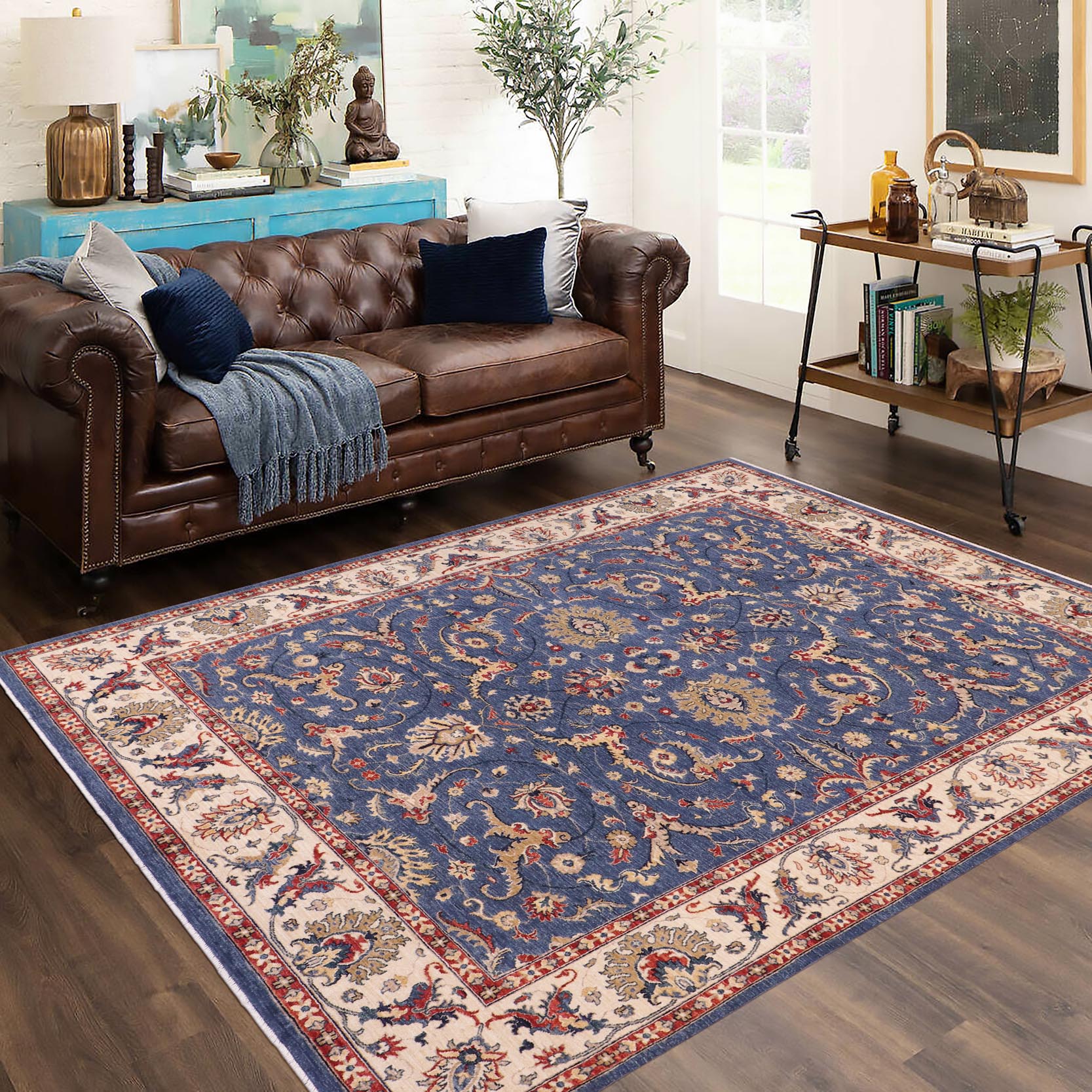 handmade Traditional Kafkaz Blue Ivory Hand Knotted RECTANGLE 100% WOOL area rug 8x10