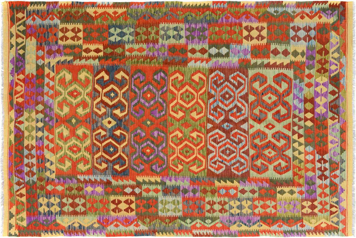 6x10 hand woven Turkish Kilim wool rug in red and green - Ethnic Nathania Turkish