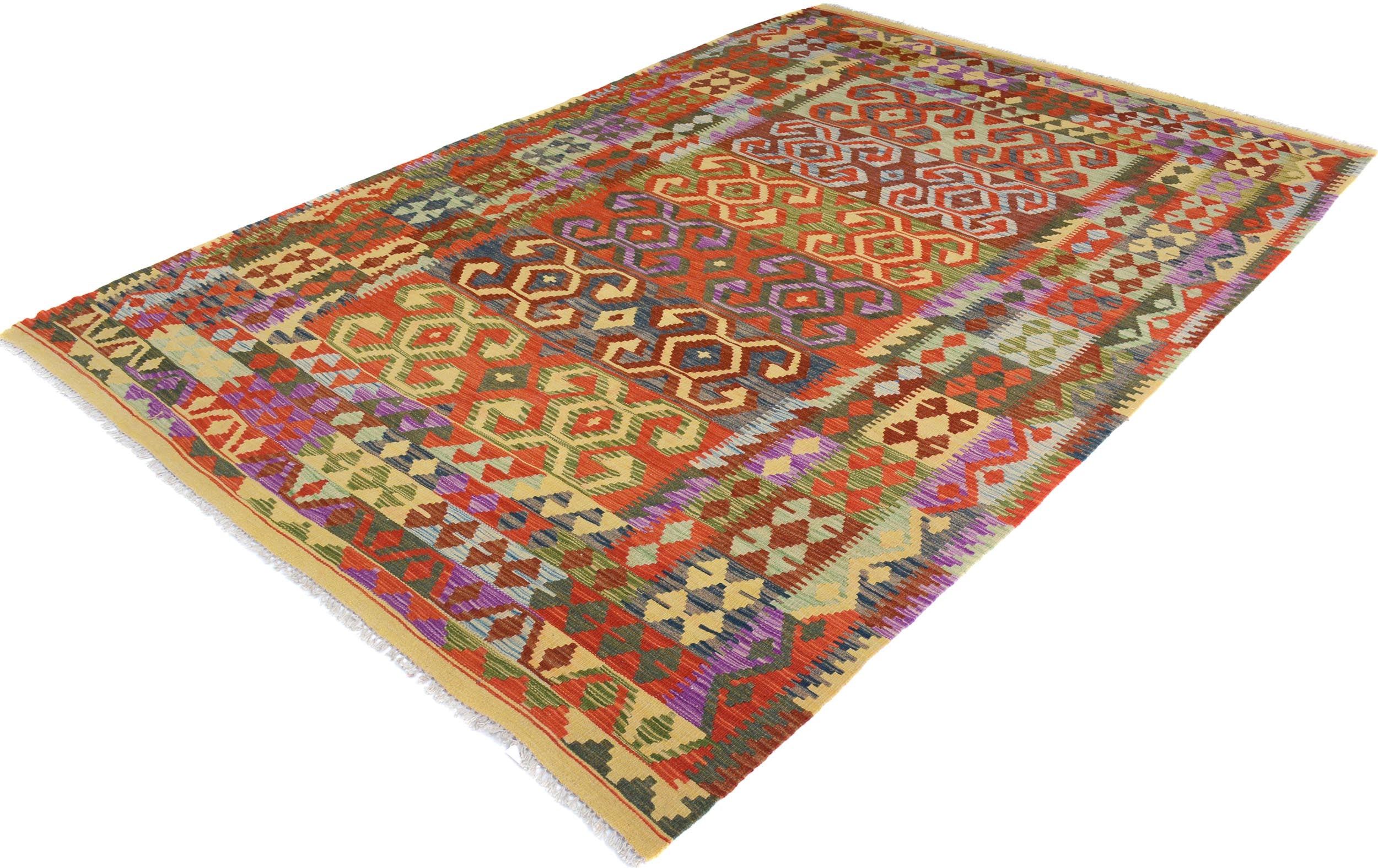 handmade Geometric Kilim Red Green Hand-Woven RECTANGLE 100% WOOL area rug 7 x 10