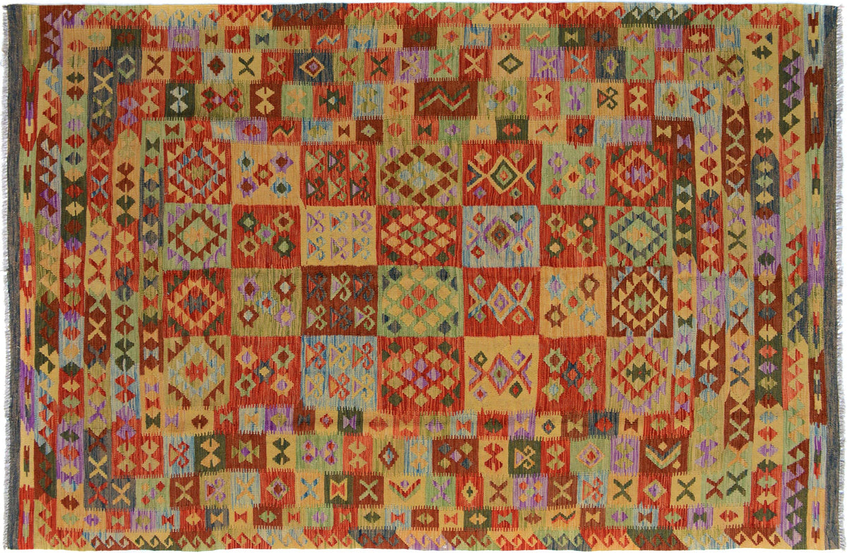 7x10 hand woven Turkish Kilim wool rug in red and gray - Chic Rayford Turkish