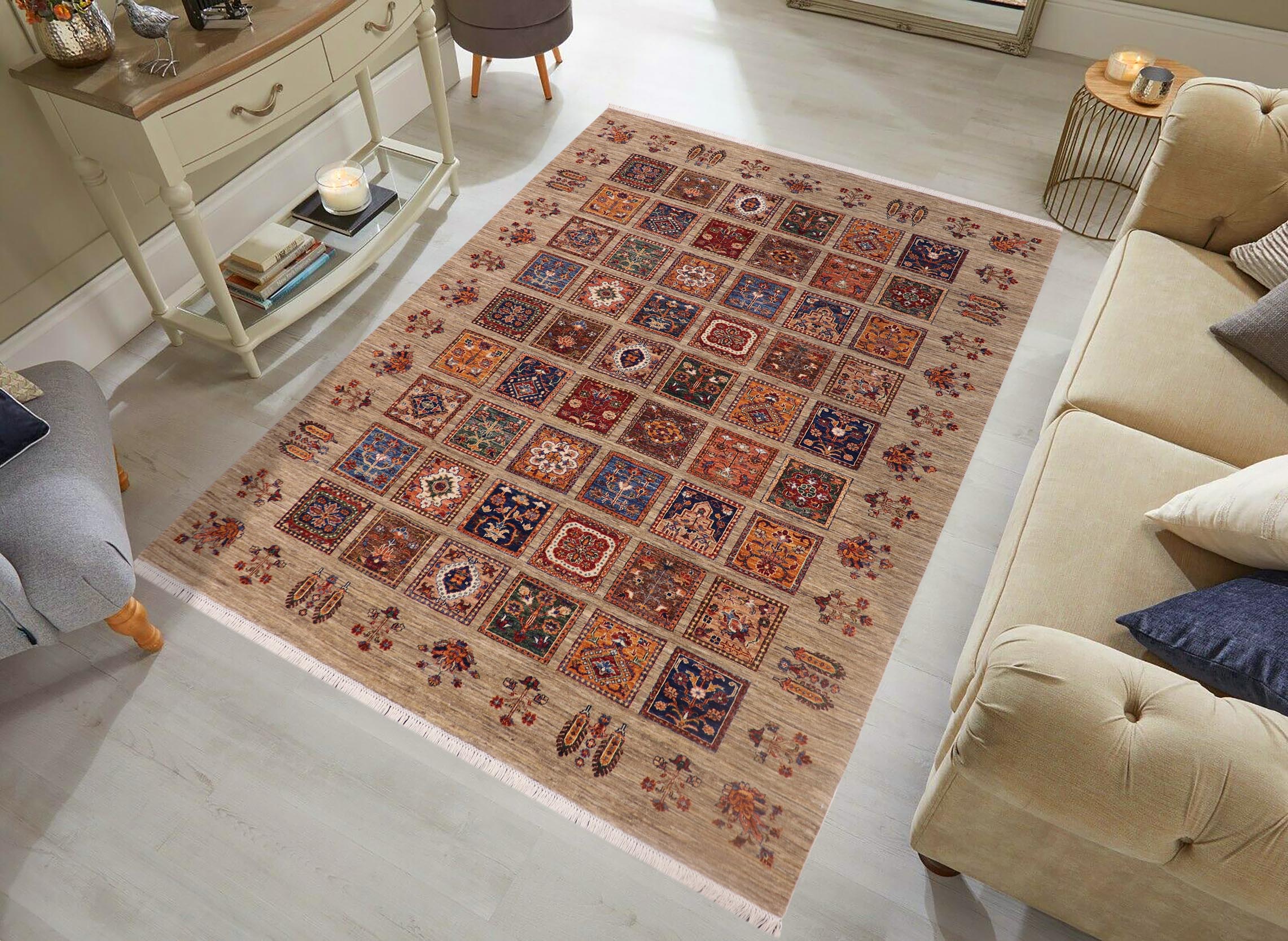handmade Geometric Kurjean Tan Blue Hand Knotted RECTANGLE WOOL&SILK area rug 7x9