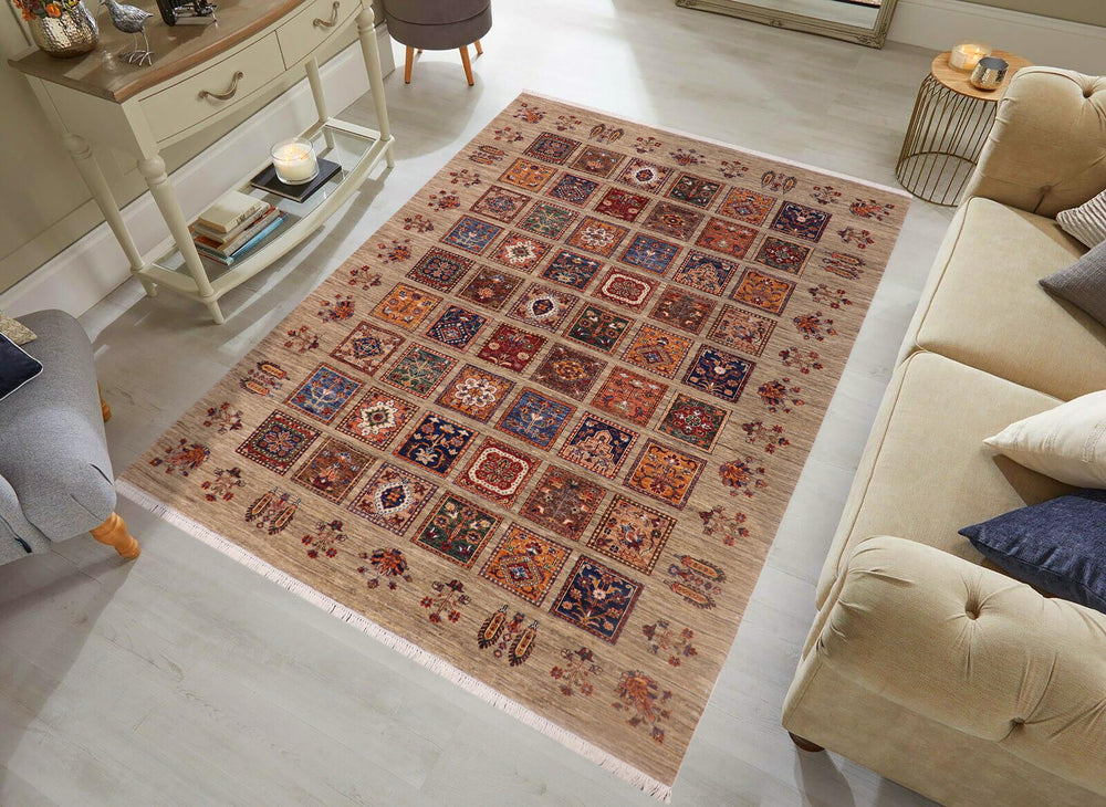 handmade Geometric Kurjean Tan Blue Hand Knotted RECTANGLE WOOL&SILK area rug 7x9