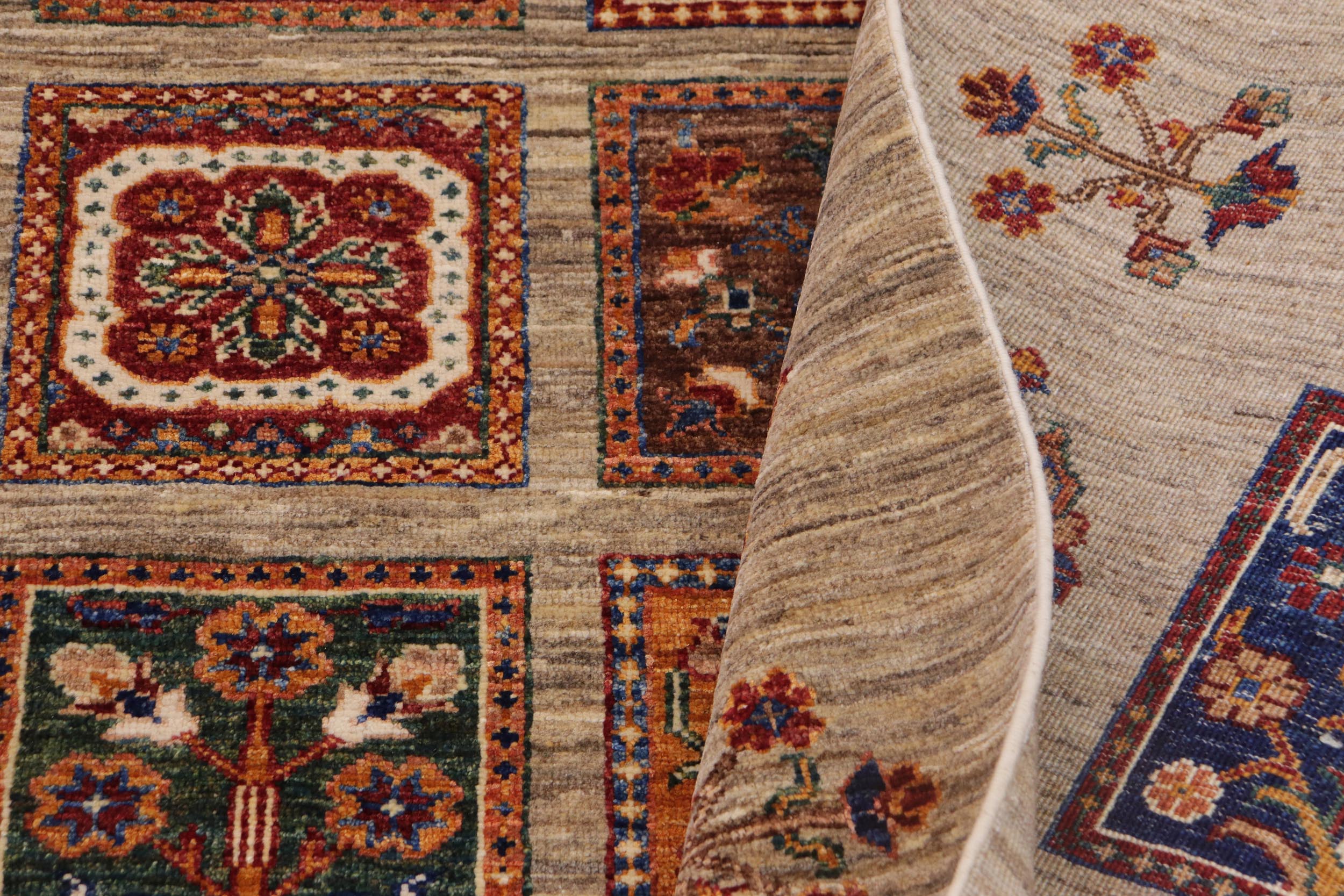 handmade Geometric Kurjean Tan Blue Hand Knotted RECTANGLE WOOL&SILK area rug 7x9