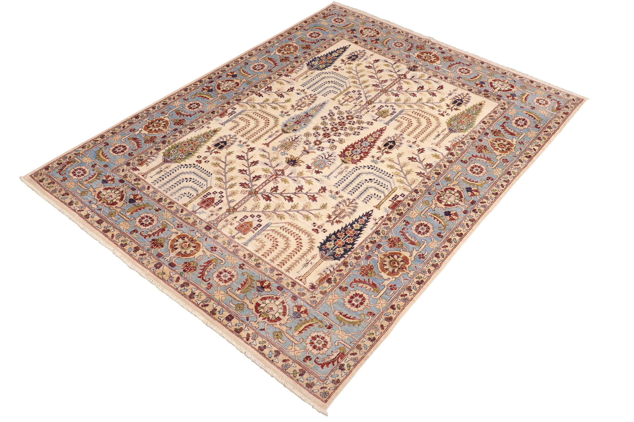 handmade Geometric Kafkaz Beige Blue Hand Knotted RECTANGLE 100% WOOL area rug 8' x 10'