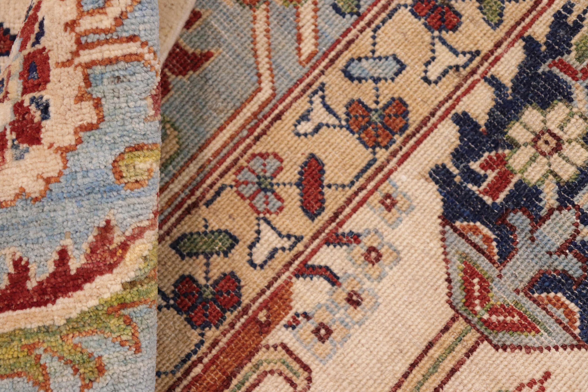 handmade Geometric Kafkaz Beige Blue Hand Knotted RECTANGLE 100% WOOL area rug 8' x 10'