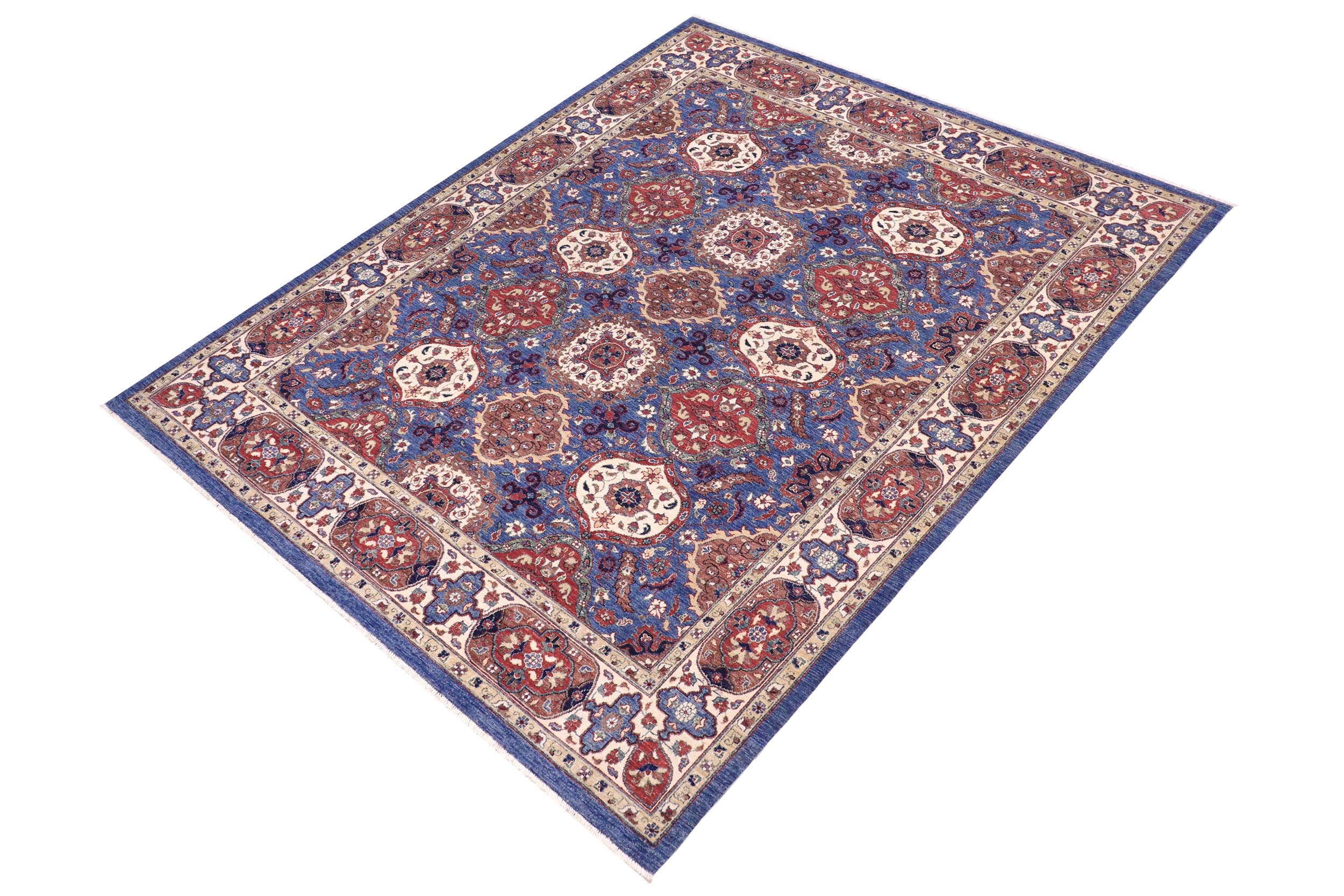 handmade Transitional Kafkaz Blue Ivory Hand Knotted RECTANGLE 100% WOOL area rug 8' x 10'