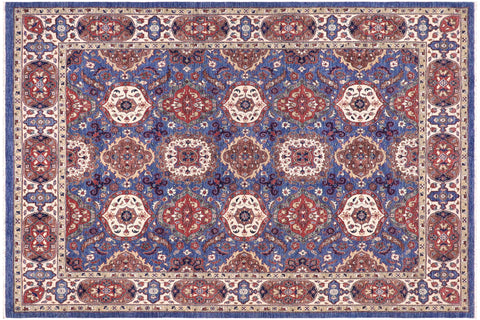 handmade Transitional Kafkaz Blue Ivory Hand Knotted RECTANGLE 100% WOOL area rug 8' x 10'