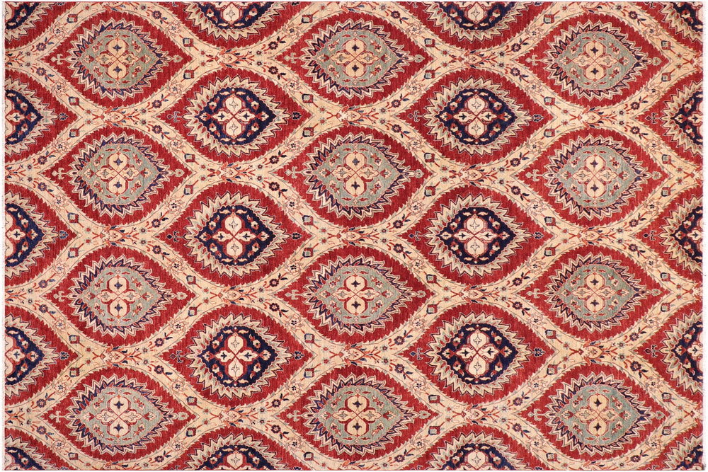 handmade Modern Kafkaz Red Blue Hand Knotted RECTANGLE 100% WOOL area rug 9' x 12'