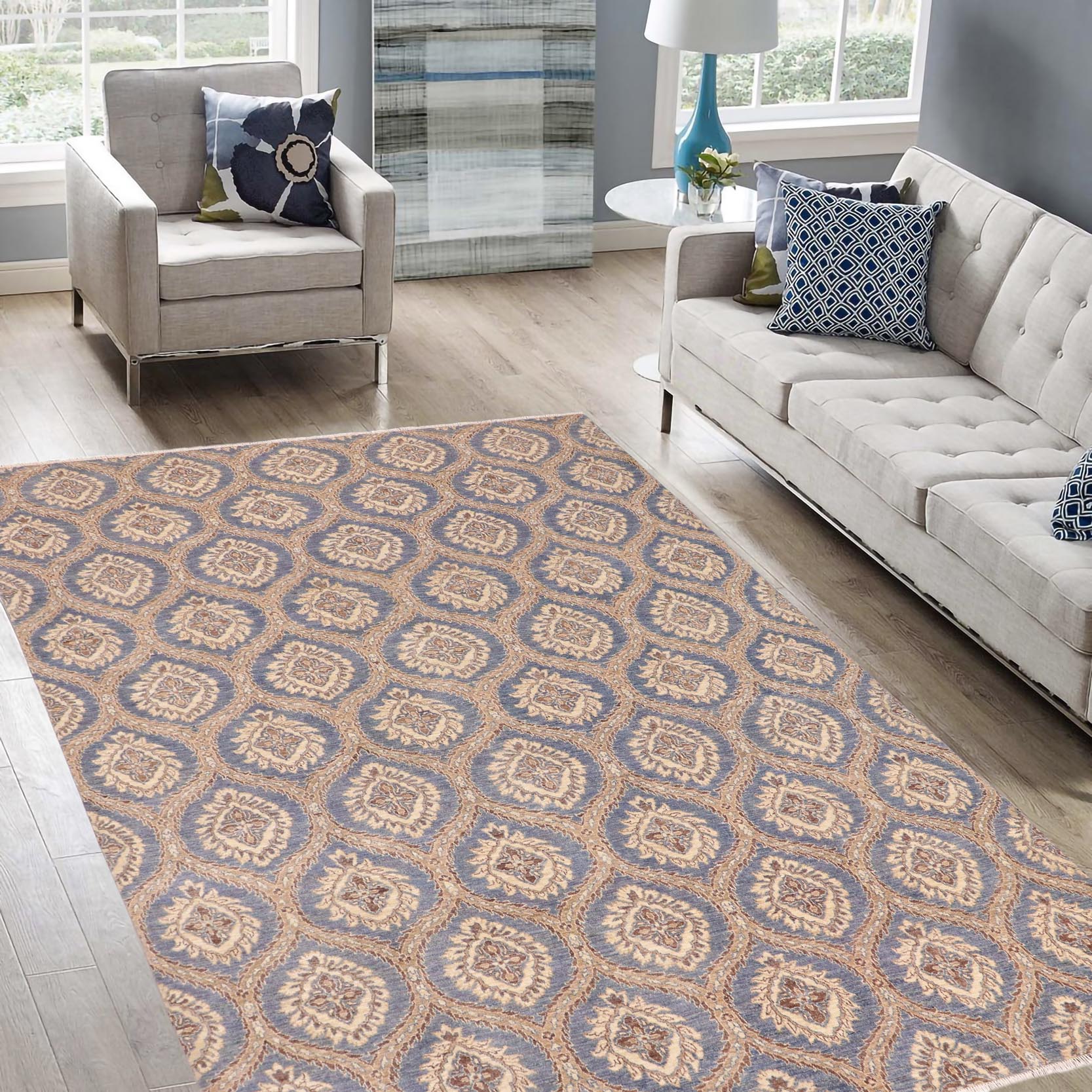 handmade Modern Kafkaz Blue Brown Hand Knotted RECTANGLE 100% WOOL area rug 9' x 12'