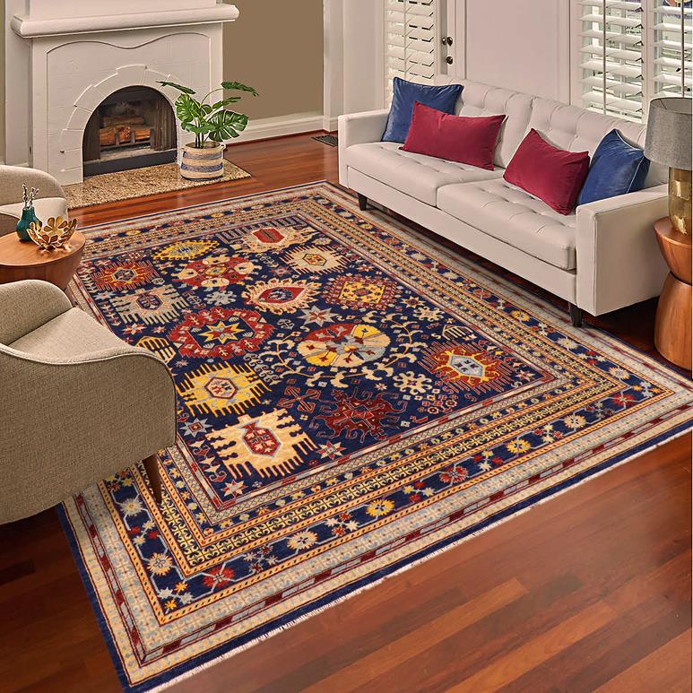 handmade Traditional Kafkaz Blue Beige Hand Knotted RECTANGLE 100% WOOL area rug 9 x 12