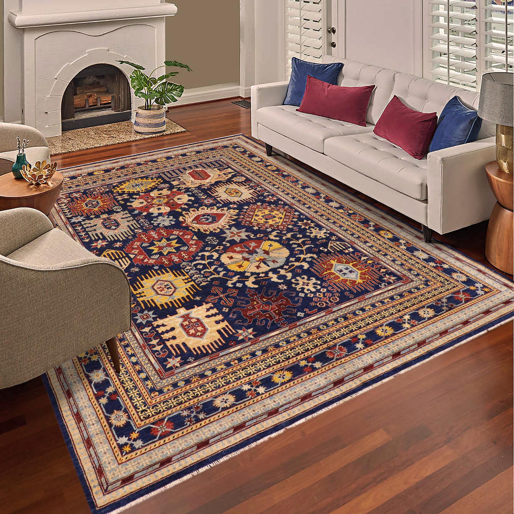 handmade Geometric Kafkaz Blue Beige Hand Knotted RECTANGLE 100% WOOL area rug 9' x 12'