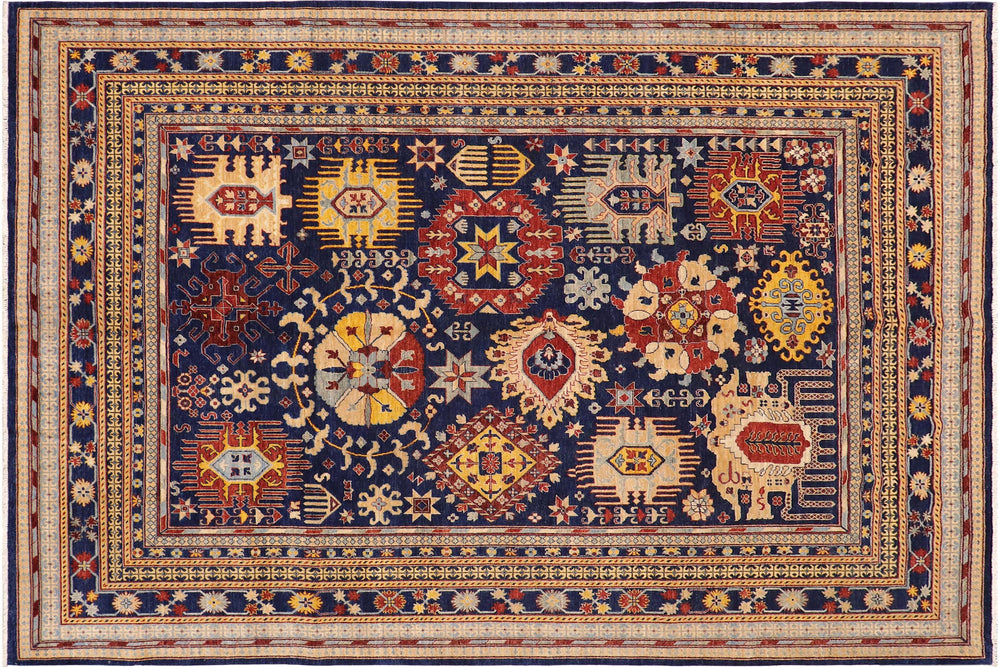 handmade Geometric Kafkaz Blue Beige Hand Knotted RECTANGLE 100% WOOL area rug 9' x 12'