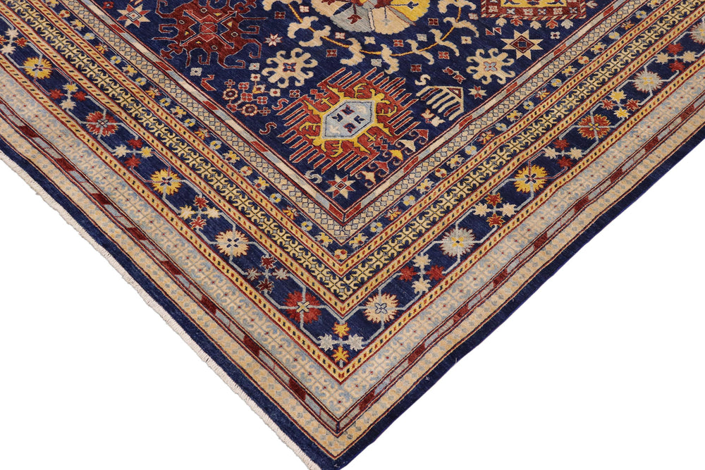 handmade Geometric Kafkaz Blue Beige Hand Knotted RECTANGLE 100% WOOL area rug 9' x 12'