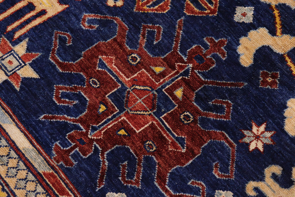 handmade Geometric Kafkaz Blue Beige Hand Knotted RECTANGLE 100% WOOL area rug 9' x 12'