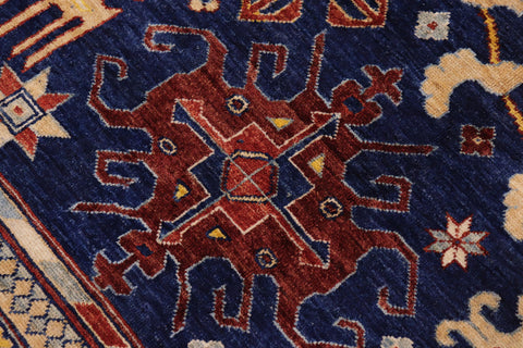 handmade Geometric Kafkaz Blue Beige Hand Knotted RECTANGLE 100% WOOL area rug 9' x 12'