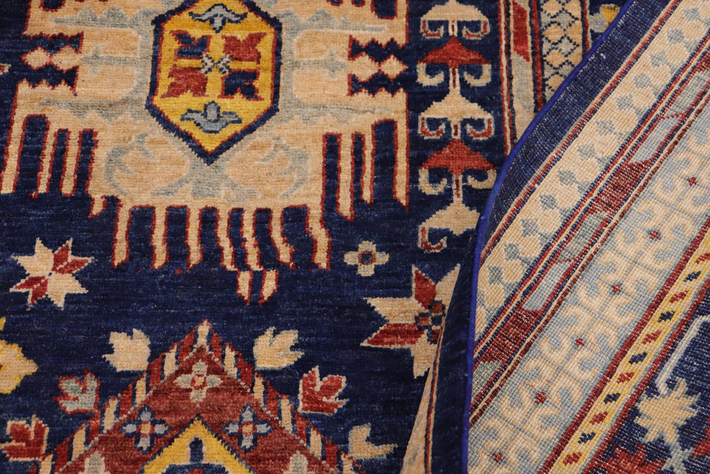 handmade Geometric Kafkaz Blue Beige Hand Knotted RECTANGLE 100% WOOL area rug 9' x 12'