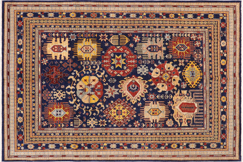 handmade Geometric Kafkaz Blue Beige Hand Knotted RECTANGLE 100% WOOL area rug 9' x 12'