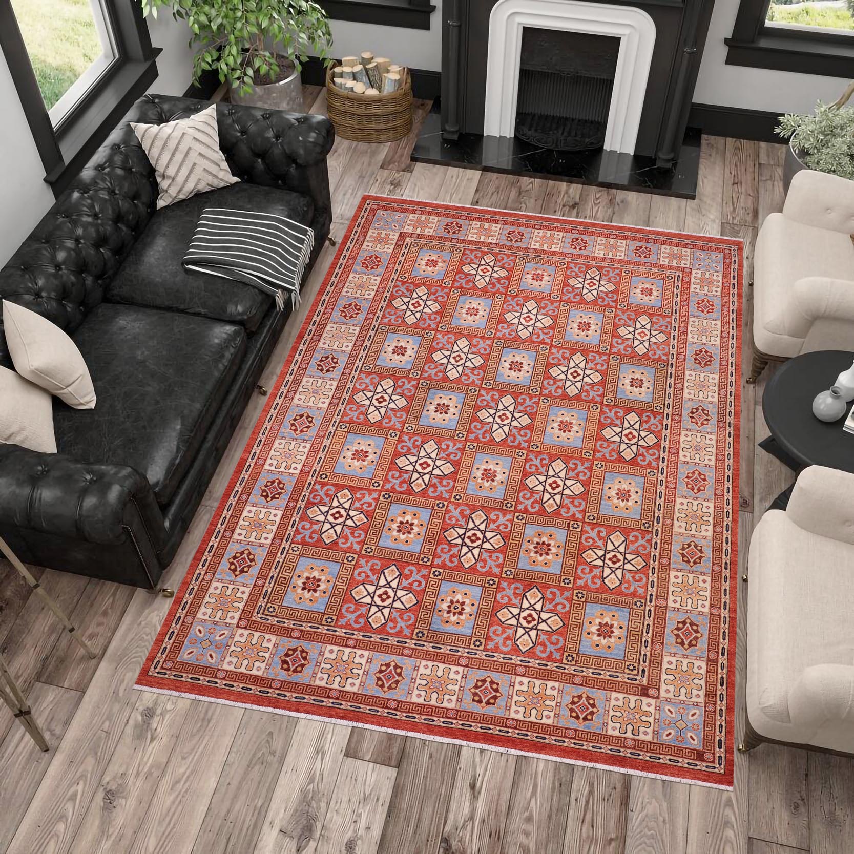 handmade Geometric Kafkaz Rust Beige Hand Knotted RECTANGLE 100% WOOL area rug 9' x 12'