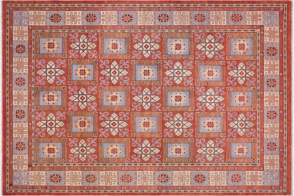 handmade Geometric Kafkaz Rust Beige Hand Knotted RECTANGLE 100% WOOL area rug 9' x 12'