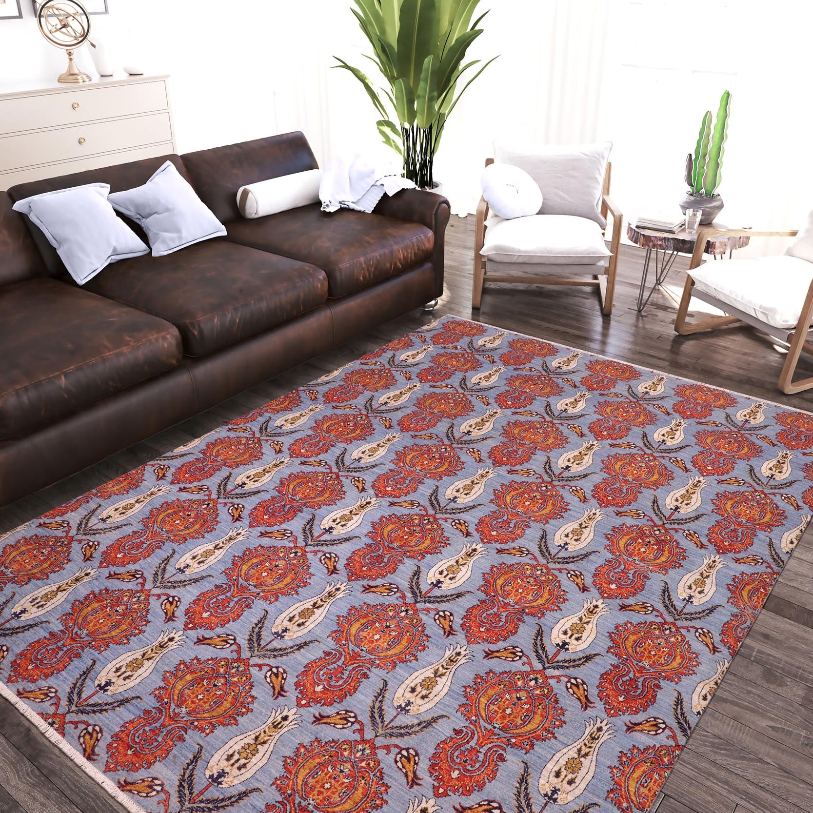 handmade Modern Kafkaz Blue Rust Hand Knotted RECTANGLE 100% WOOL area rug 10' x 14'
