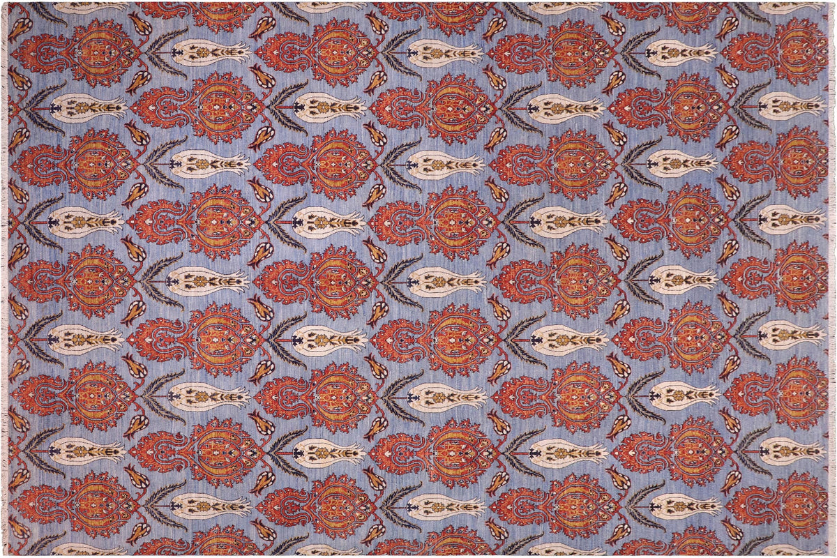 10x14 hand knotted modern wool rug in blue and rust - Chic Rolf
