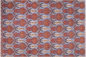 10x14 hand knotted modern wool rug in blue and rust - Chic Rolf