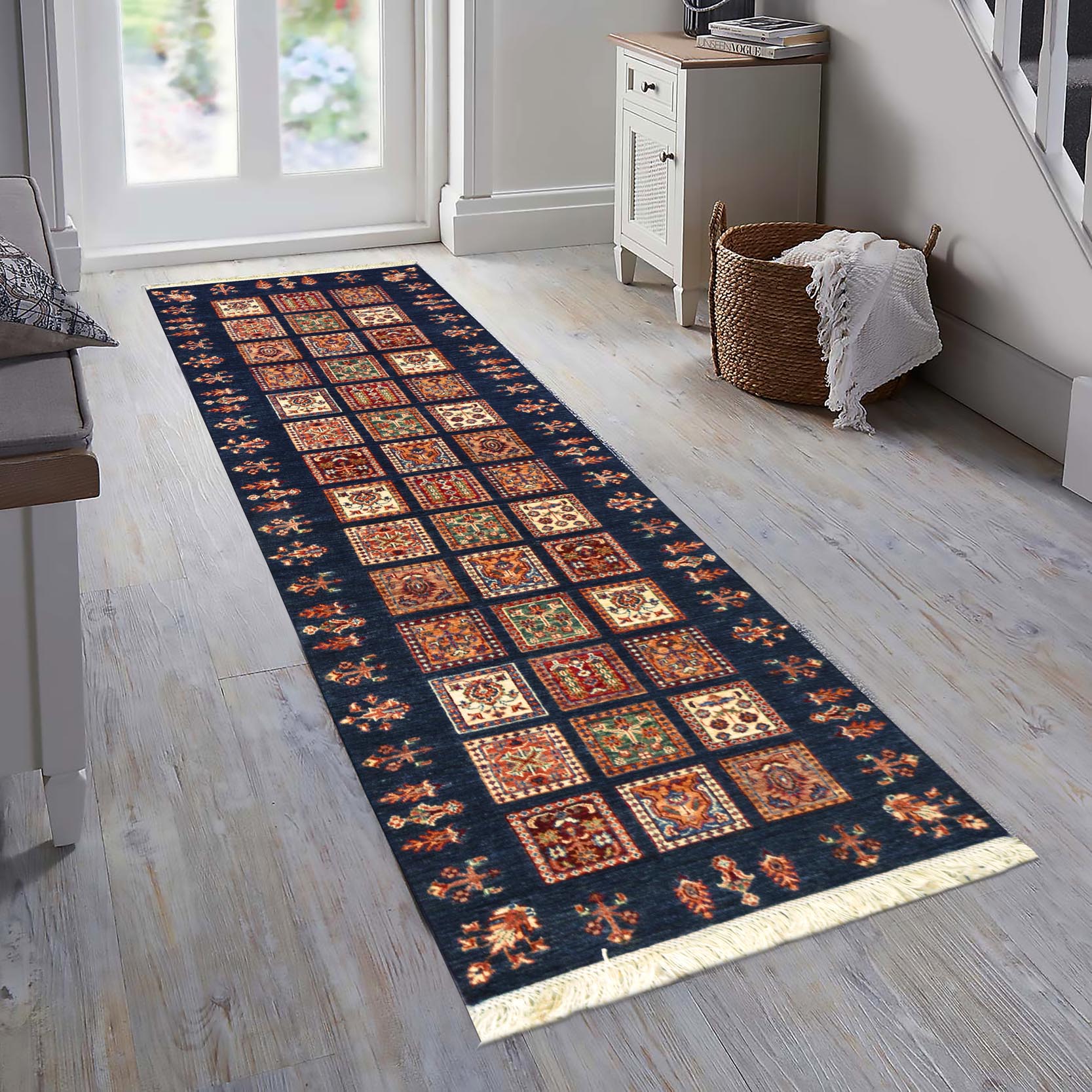 handmade Geometric Kurjean Blue Gold Hand Knotted RUNNER 100% WOOL area rug 3x10