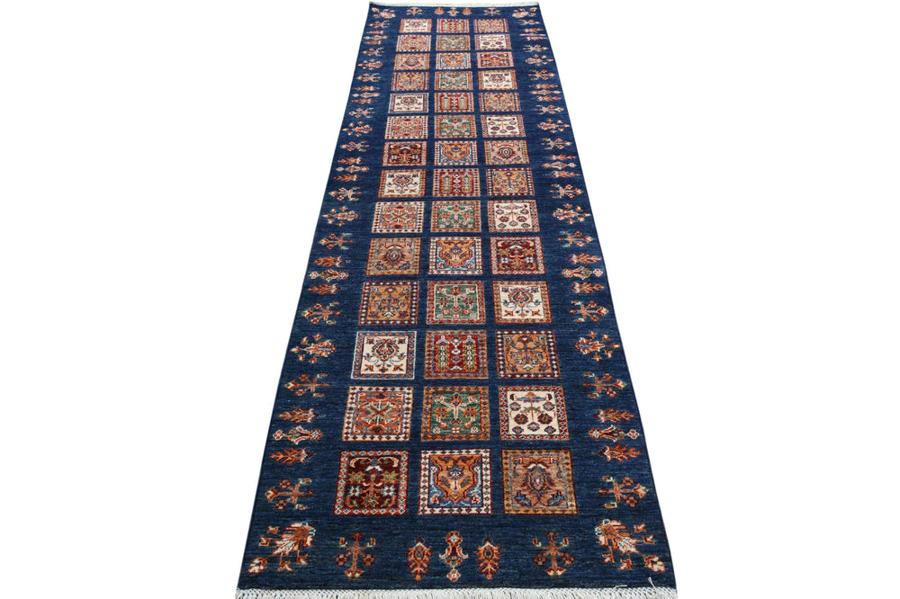 handmade Geometric Kurjean Blue Gold Hand Knotted RUNNER 100% WOOL area rug 3x10