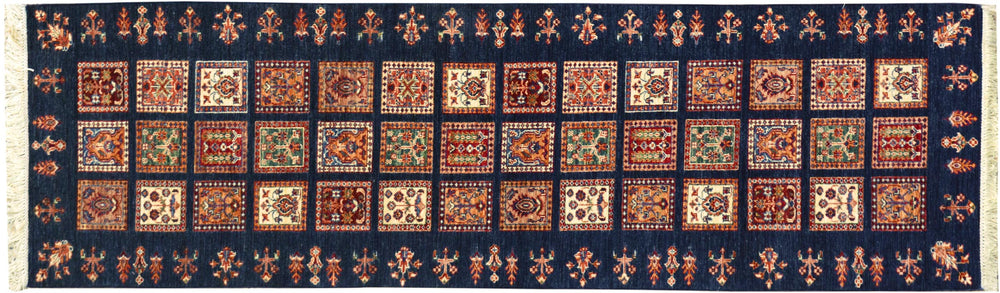 handmade Geometric Kurjean Blue Gold Hand Knotted RUNNER 100% WOOL area rug 3x10
