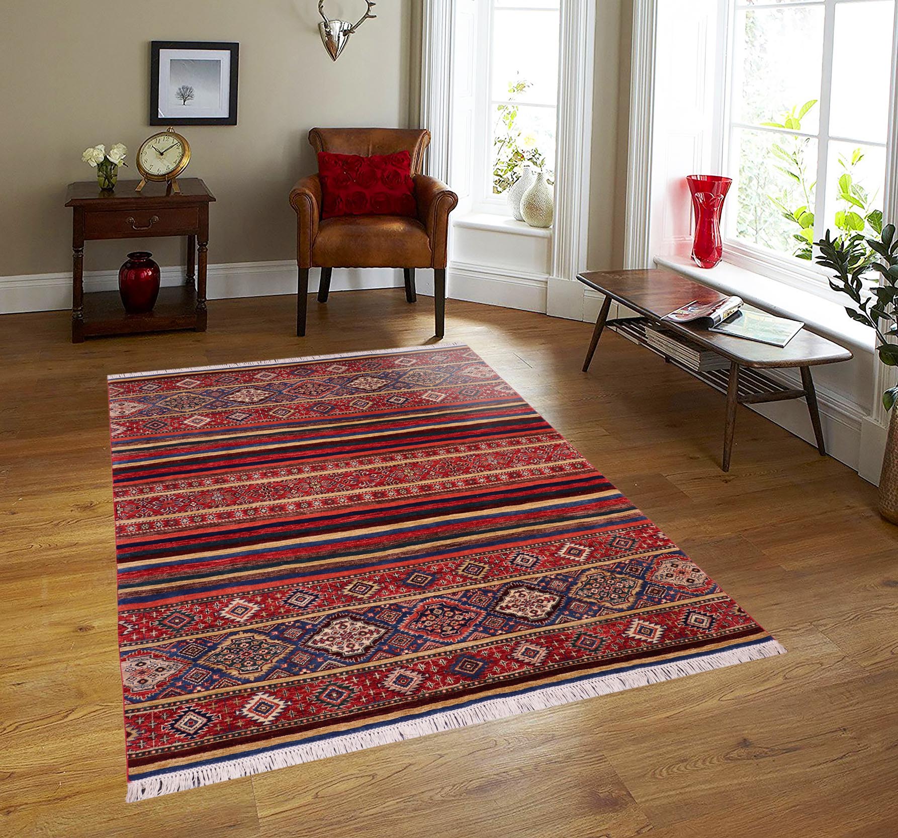 handmade Geometric Kurjean Red Blue Hand Knotted RECTANGLE 100% WOOL area rug 6x8