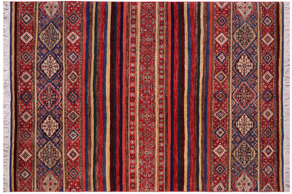 handmade Geometric Kurjean Red Blue Hand Knotted RECTANGLE 100% WOOL area rug 6x8