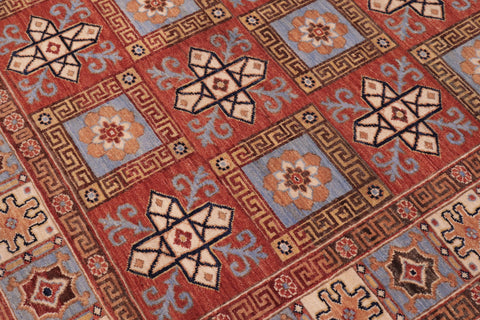 handmade Geometric Kafkaz Rust Lt. Blue Hand Knotted RECTANGLE 100% WOOL area rug 6' x 9'