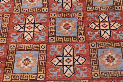 handmade Geometric Kafkaz Rust Lt. Blue Hand Knotted RECTANGLE 100% WOOL area rug 6' x 9'