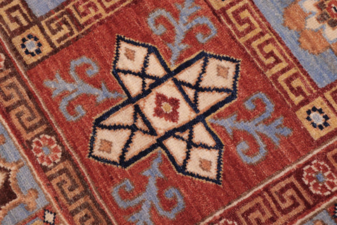 handmade Geometric Kafkaz Rust Lt. Blue Hand Knotted RECTANGLE 100% WOOL area rug 6' x 9'