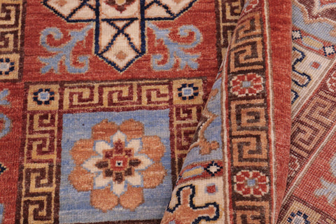 handmade Geometric Kafkaz Rust Lt. Blue Hand Knotted RECTANGLE 100% WOOL area rug 6' x 9'