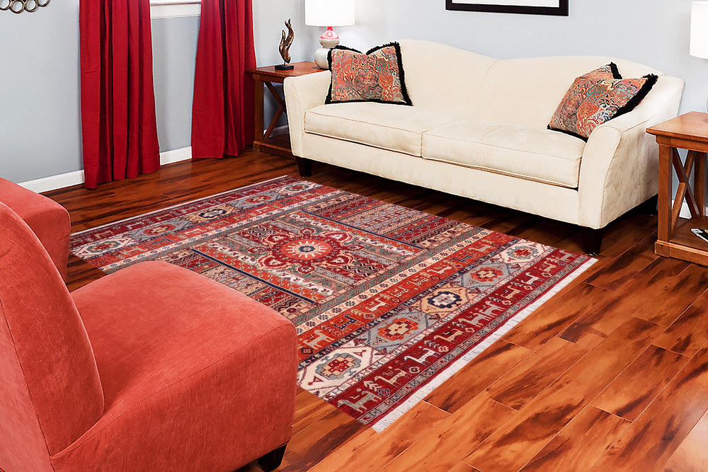 handmade Geometric Kurjean Red Rust Hand Knotted RECTANGLE 100% WOOL area rug 6x8