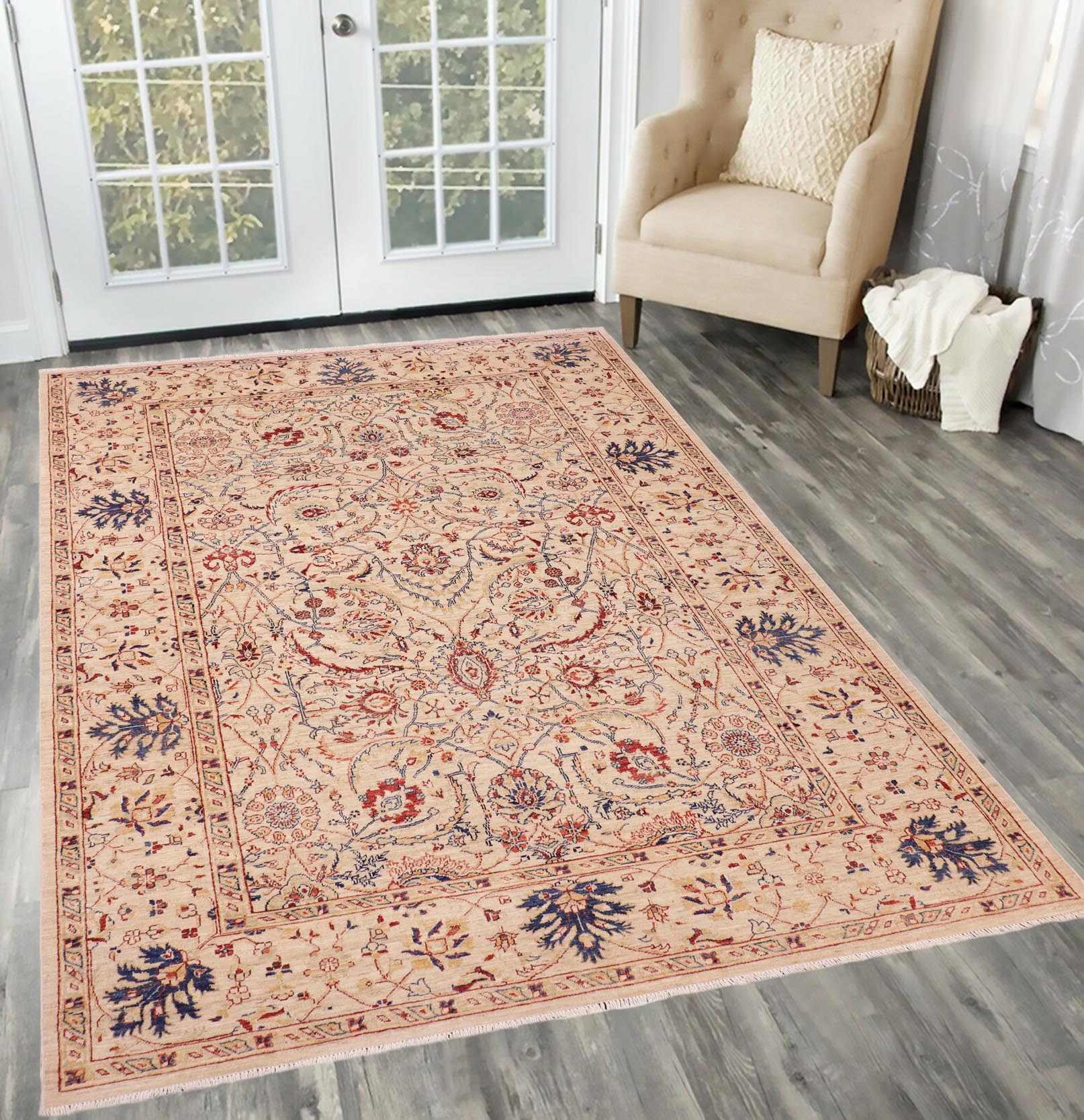 handmade Traditional Kafkaz Tan Blue Hand Knotted RECTANGLE 100% WOOL area rug 7x10