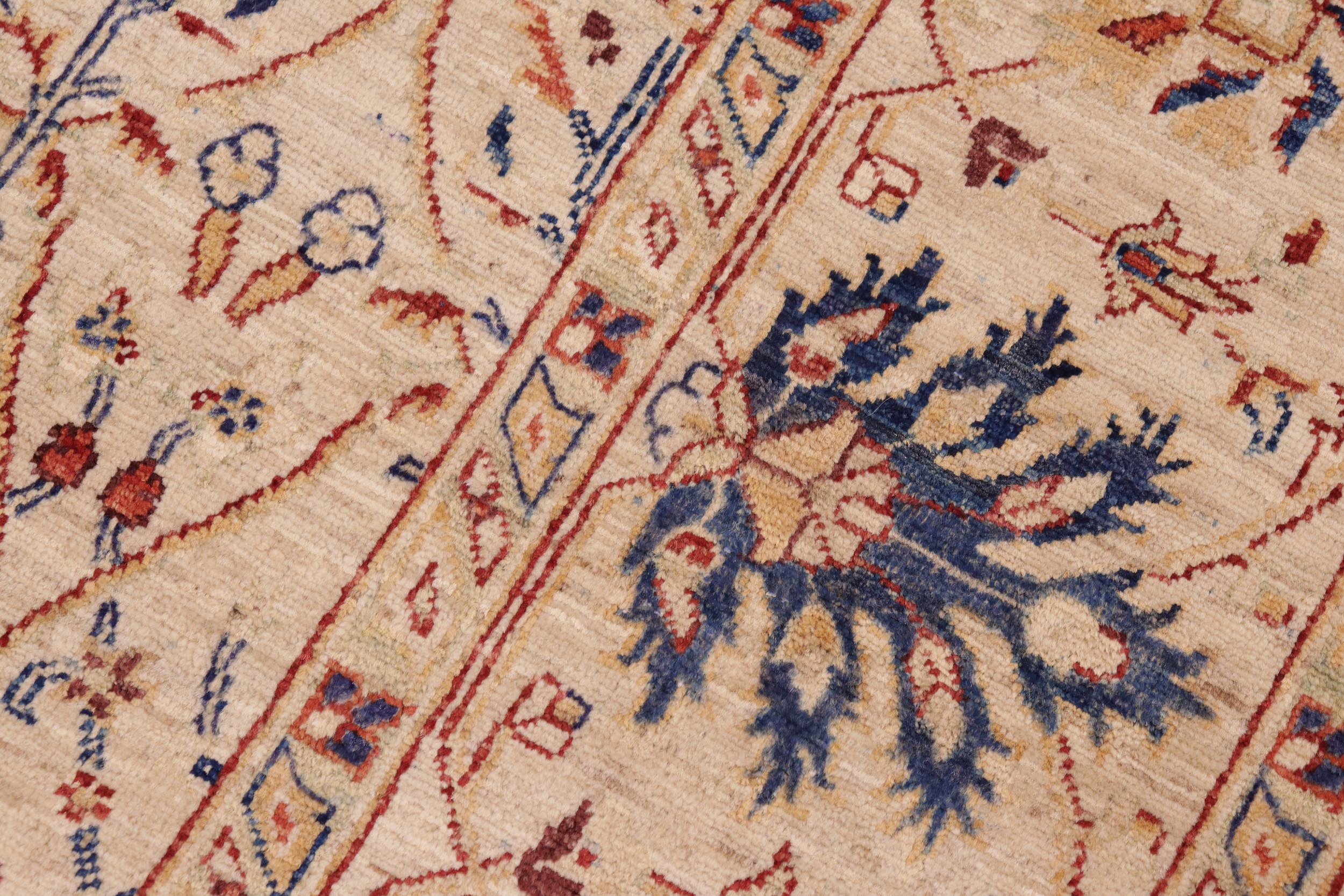handmade Traditional Kafkaz Tan Blue Hand Knotted RECTANGLE 100% WOOL area rug 7x10