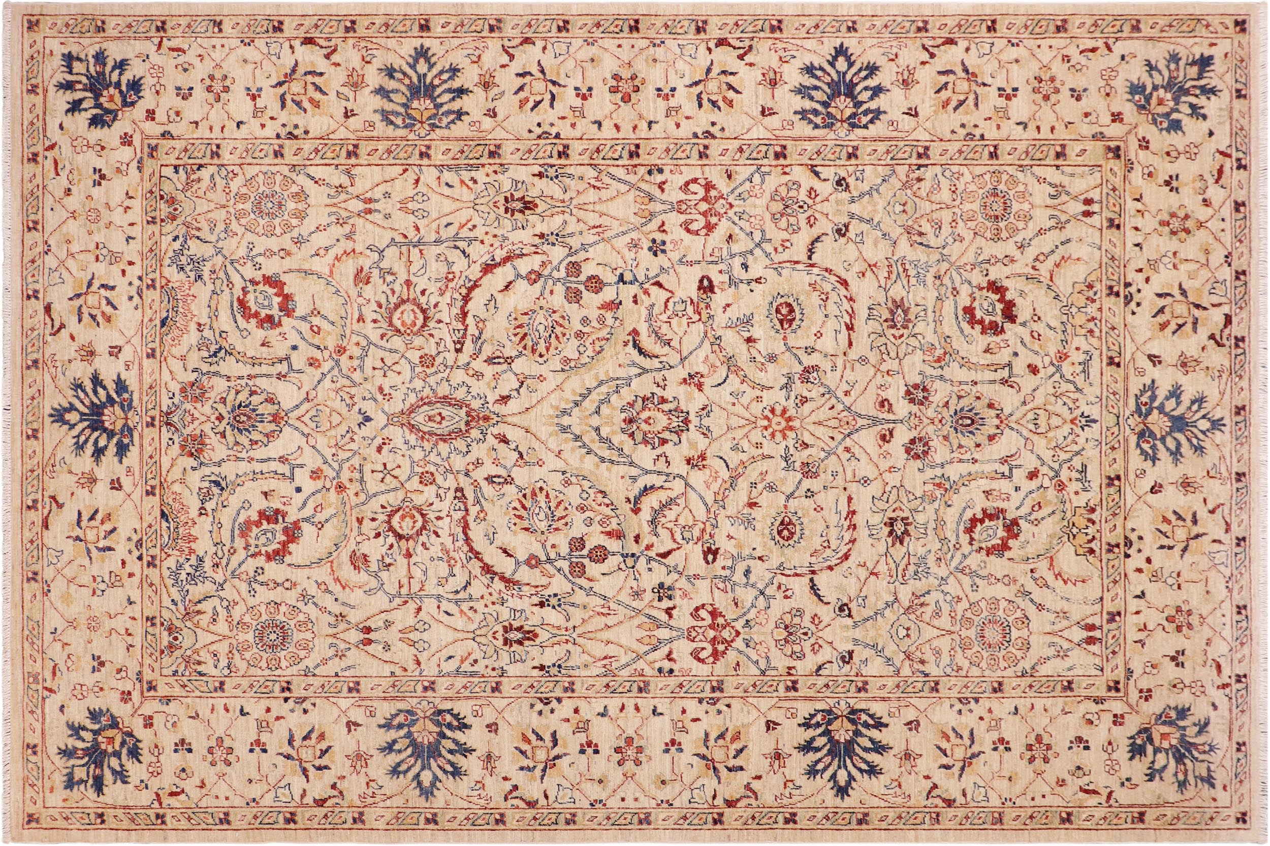 handmade Traditional Kafkaz Tan Blue Hand Knotted RECTANGLE 100% WOOL area rug 7x10