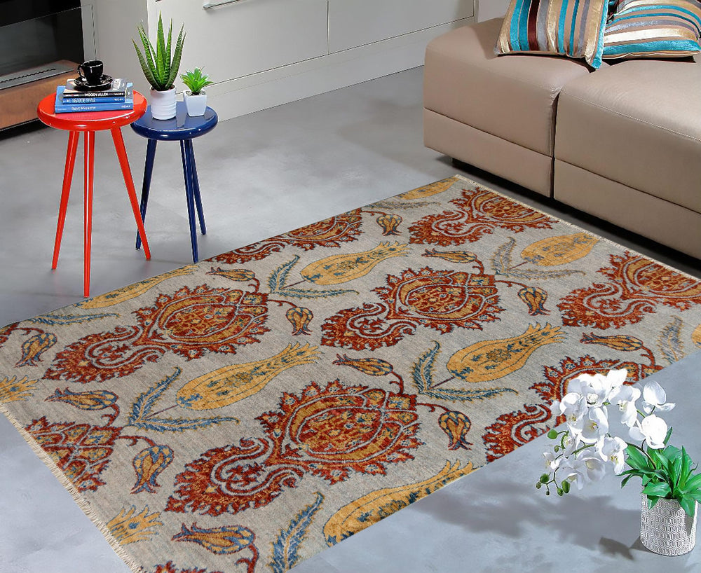 handmade Modern Kafkaz Gray Blue Hand Knotted RECTANGLE 100% WOOL area rug 4' x 6'