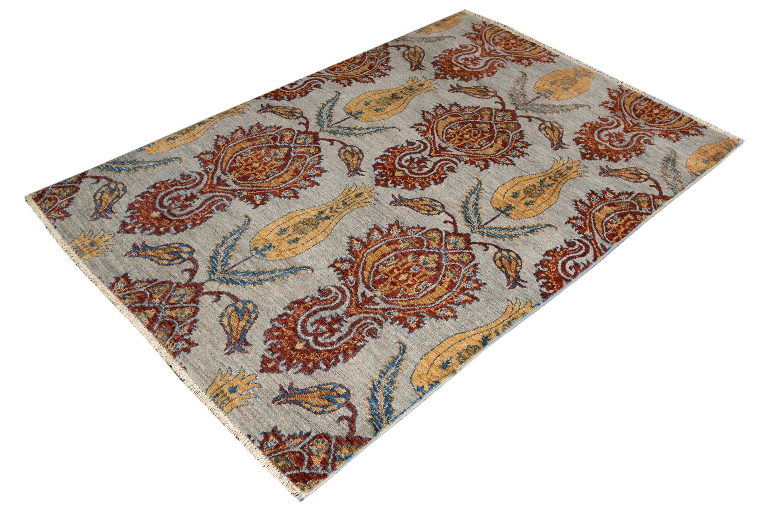 handmade Modern Kafkaz Gray Blue Hand Knotted RECTANGLE 100% WOOL area rug 4' x 6'
