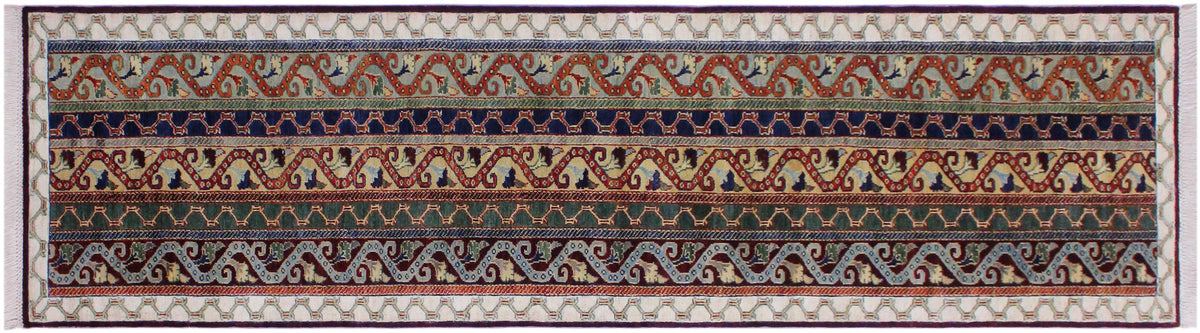 2x10 hand knotted vegetable dyed Shawl wool runner in blue and ivory - Tribal Shawl Rueben
