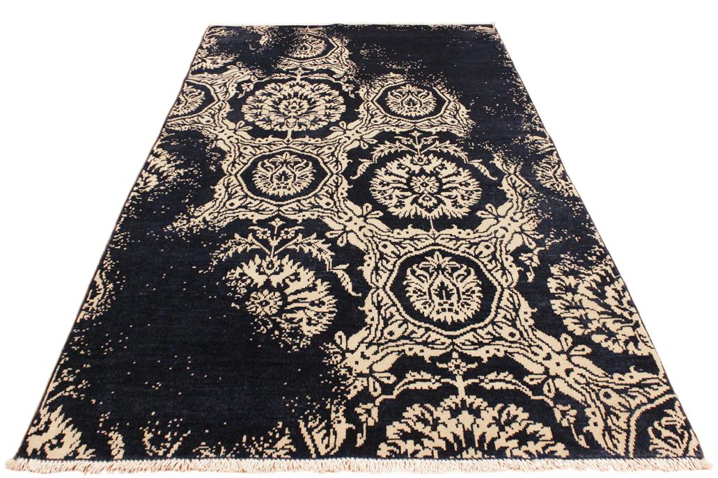 handmade Modern Abstract Blue Ivory Hand Knotted RECTANGLE WOOL&VISCOU area rug 4 x 6