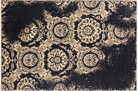 handmade Modern Abstract Blue Ivory Hand Knotted RECTANGLE WOOL&VISCOU area rug 4' x 6'