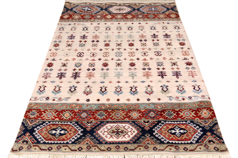 handmade Geometric Kurjean Beige Red Hand Knotted RECTANGLE 100% WOOL area rug 4x6