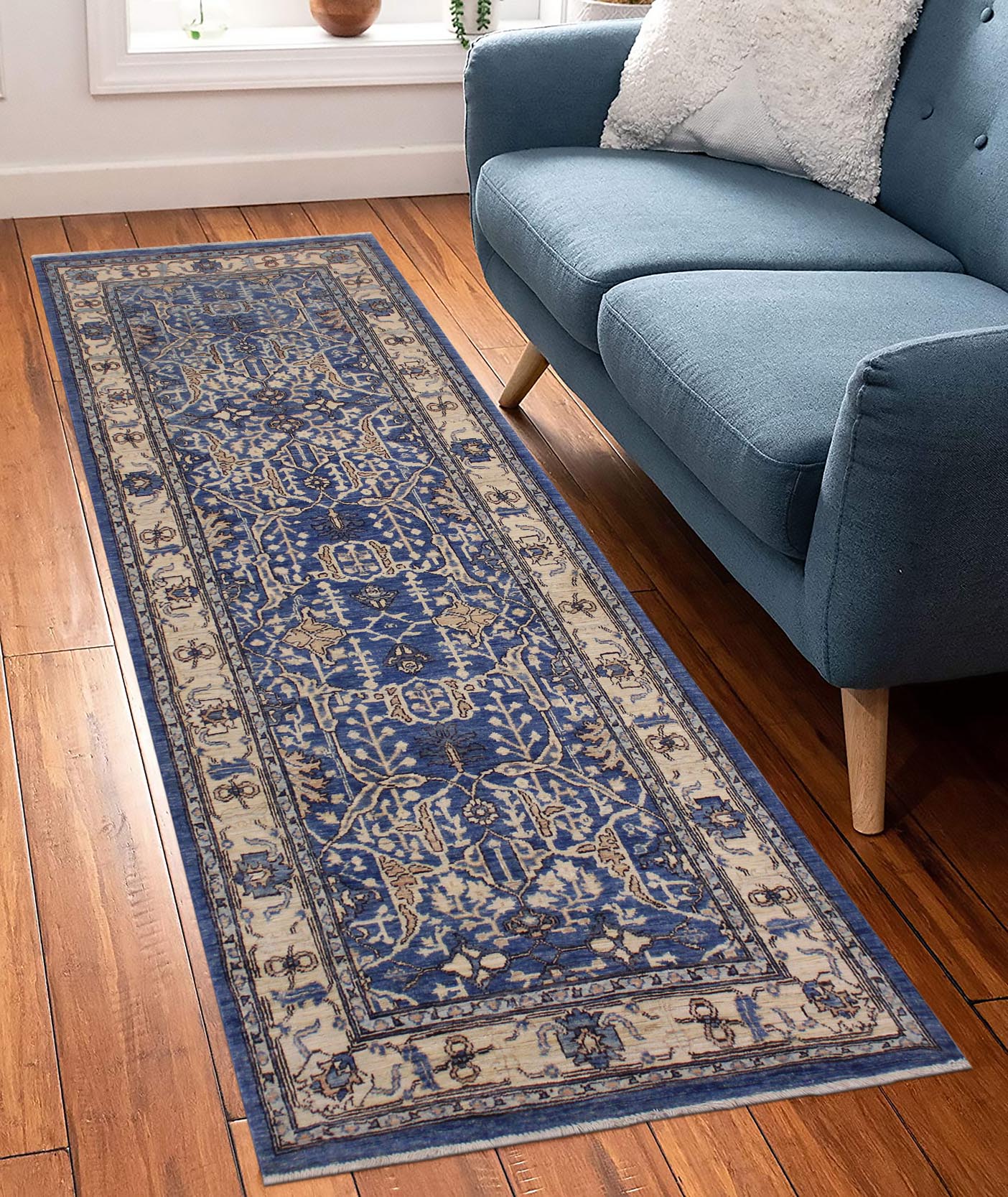 handmade Traditional Kafkaz Lt. Blue Ivory Hand Knotted RUNNER 100% WOOL area rug 3' x 9'
