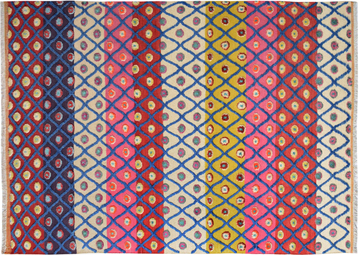 8x10 hand knotted Moroccan style wool rug in beige and red - Moroccan Shag Amado