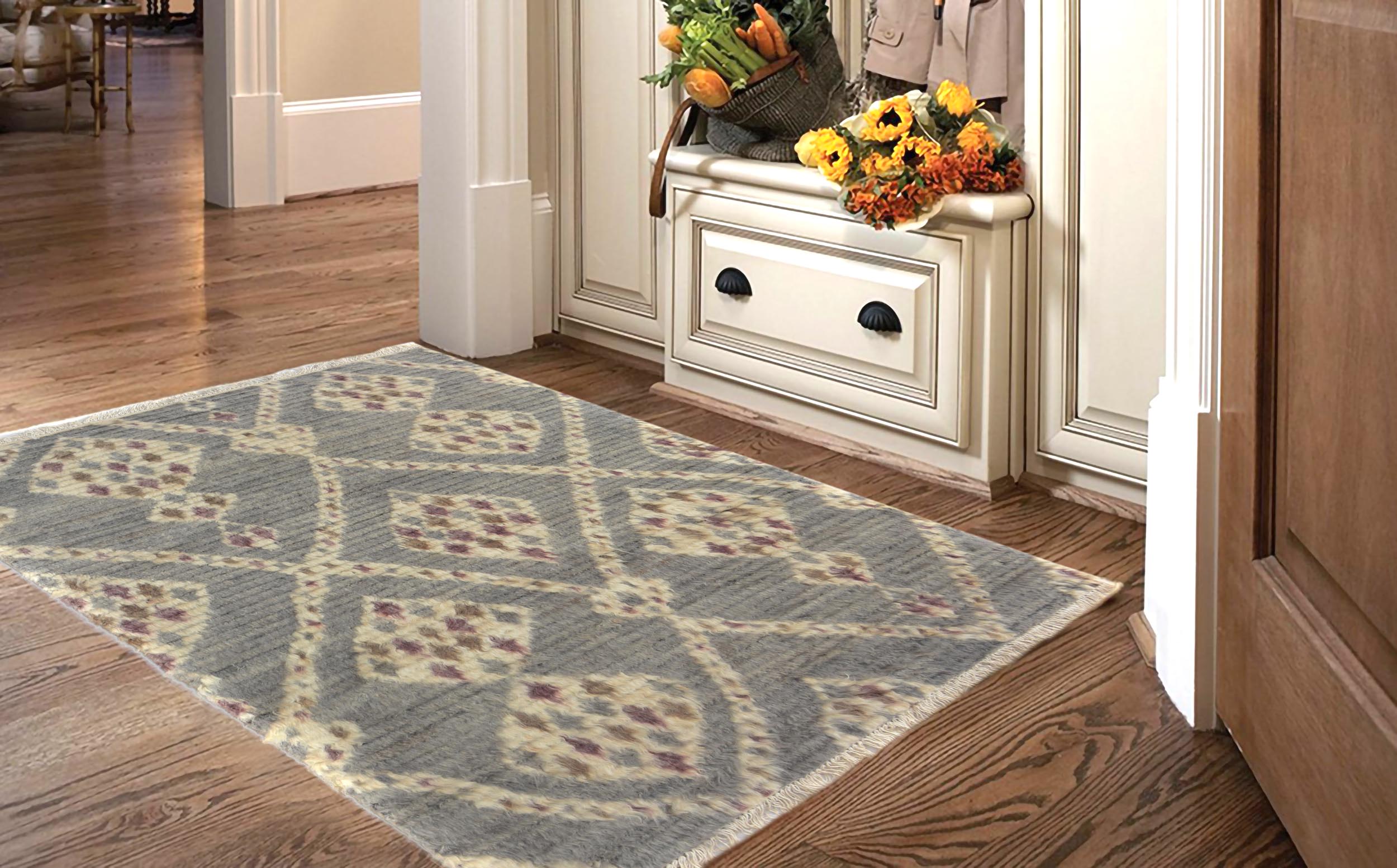 handmade Geometric Moroccan Gray Ivory Hand Knotted RECTANGLE 100% WOOL area rug 4' x 6'