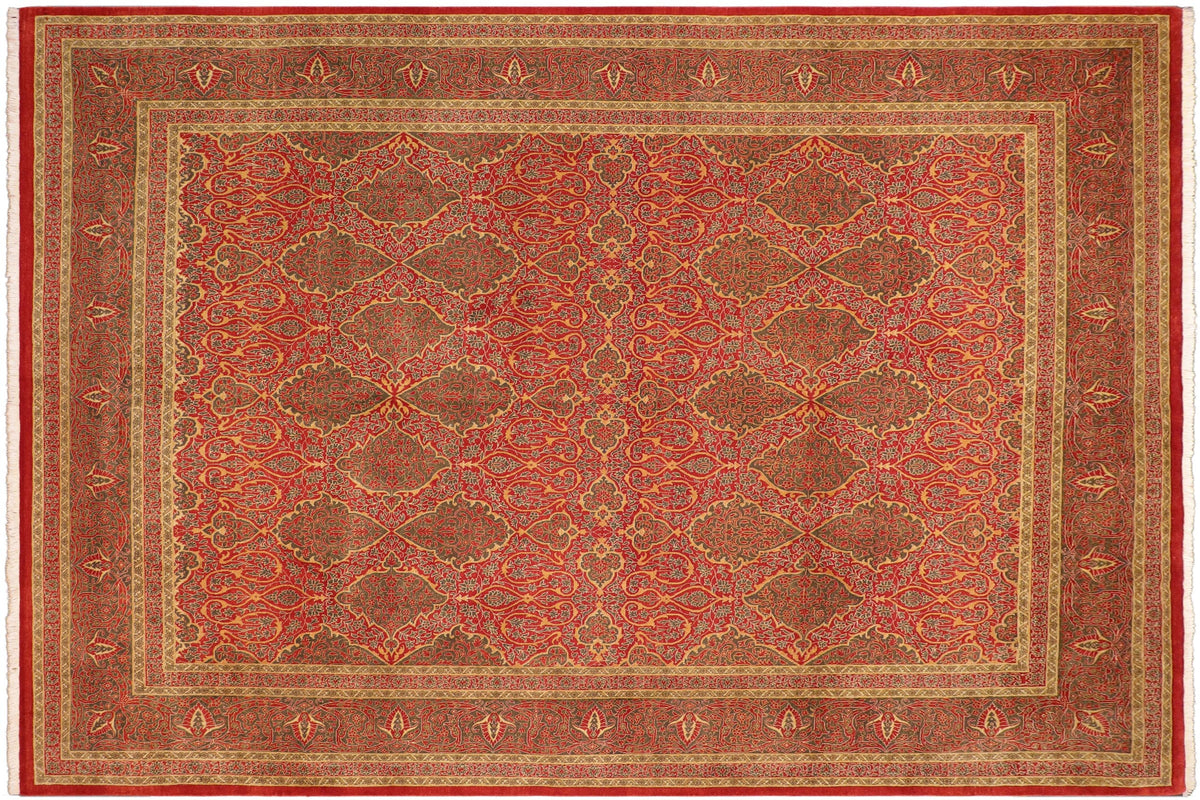8x10 hand knotted Vegetable Dyed wool rug in rust and green - Emelina