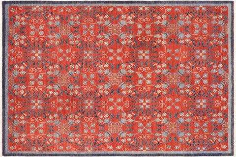 handmade Modern Kafkaz Rust Blue Hand Knotted RECTANGLE 100% WOOL area rug 8' x 10'